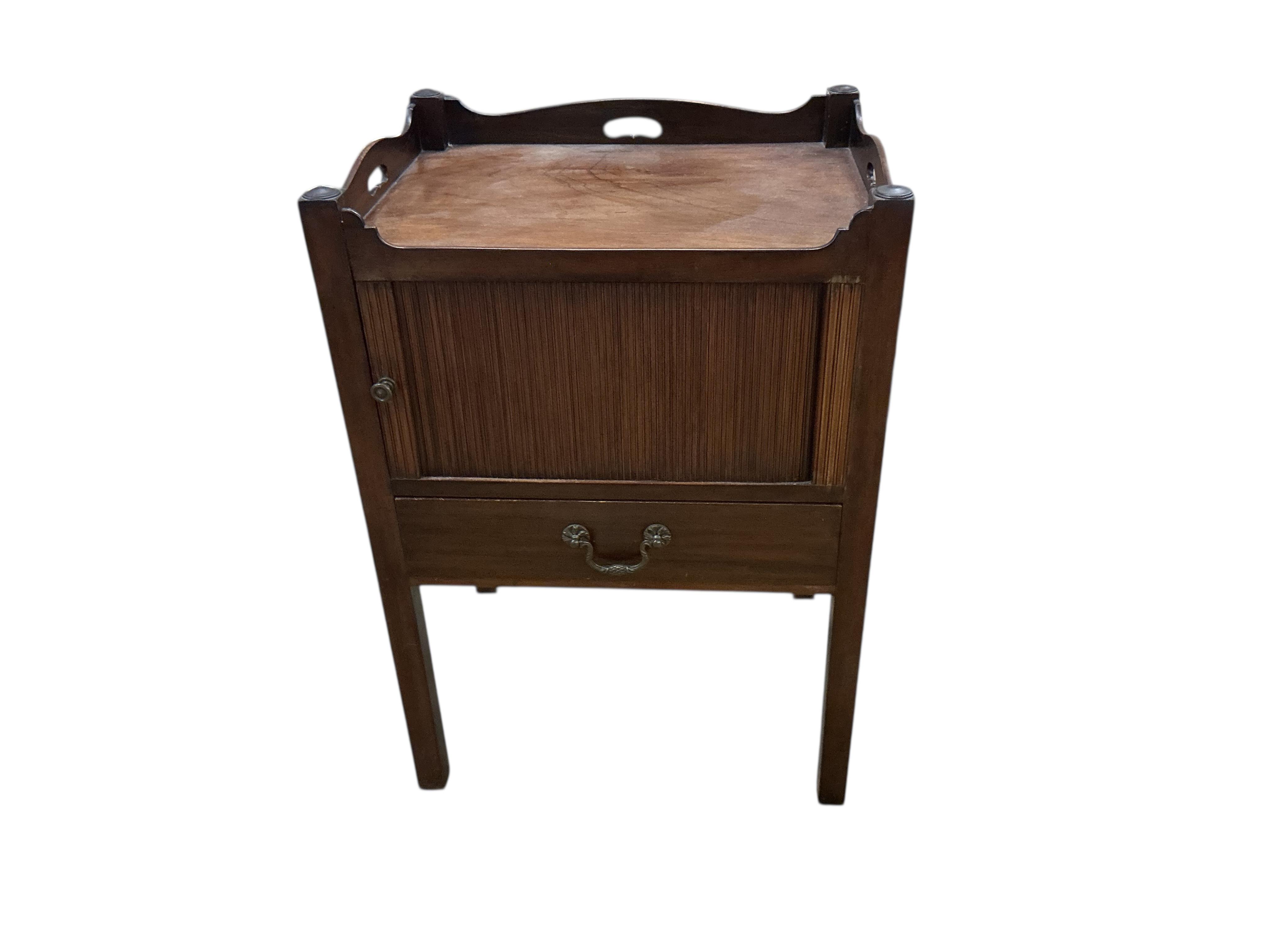 A George III style mahogany tray top tambour bedside cabinet, width 56cm, depth 45cm, height 79cm